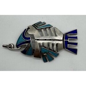 Vintage Italian 925 Sterling Silver Enamel Articulated Hinged Large Fish Pendant